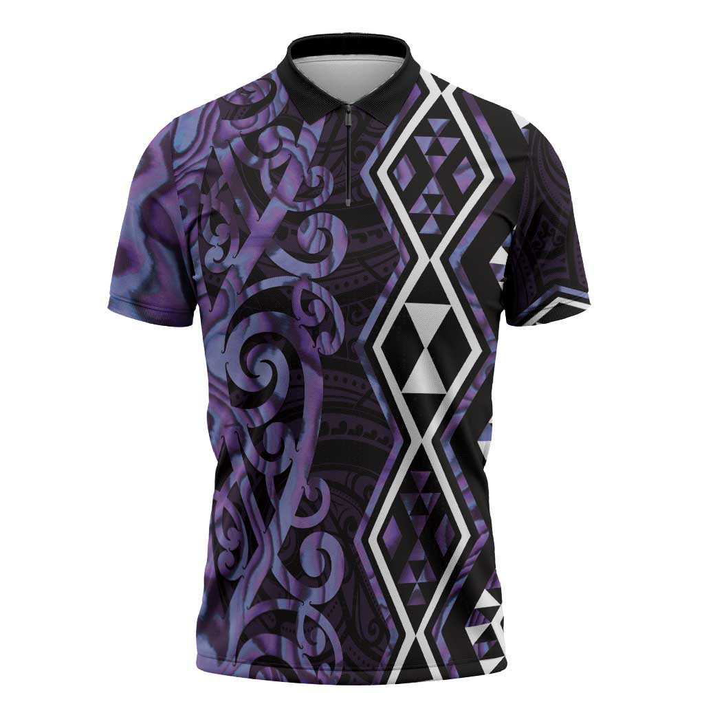 Purple Aotearoa Zipper Polo Shirt Taniko Motifs With Paua Shell Kowhaiwhai - Polynesian Pride
