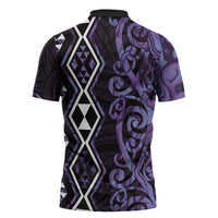 Purple Aotearoa Zipper Polo Shirt Taniko Motifs With Paua Shell Kowhaiwhai - Polynesian Pride