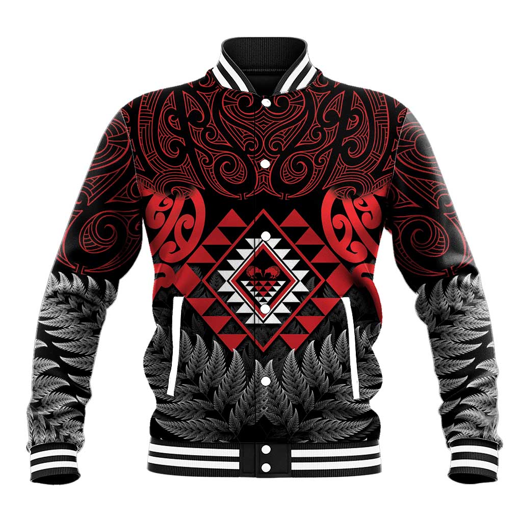 Aotearoa Kiwi Taniko Baseball Jacket Silver Fern With Maori Koru Pattern LT14 Unisex Red - Polynesian Pride