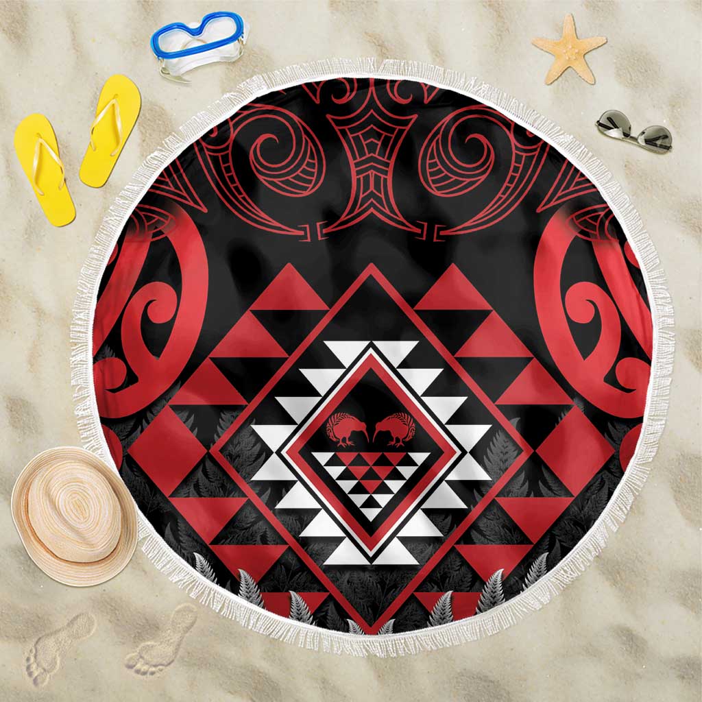 Aotearoa Kiwi Taniko Beach Blanket Silver Fern With Maori Koru Pattern LT14 One Size 150cm Red - Polynesian Pride