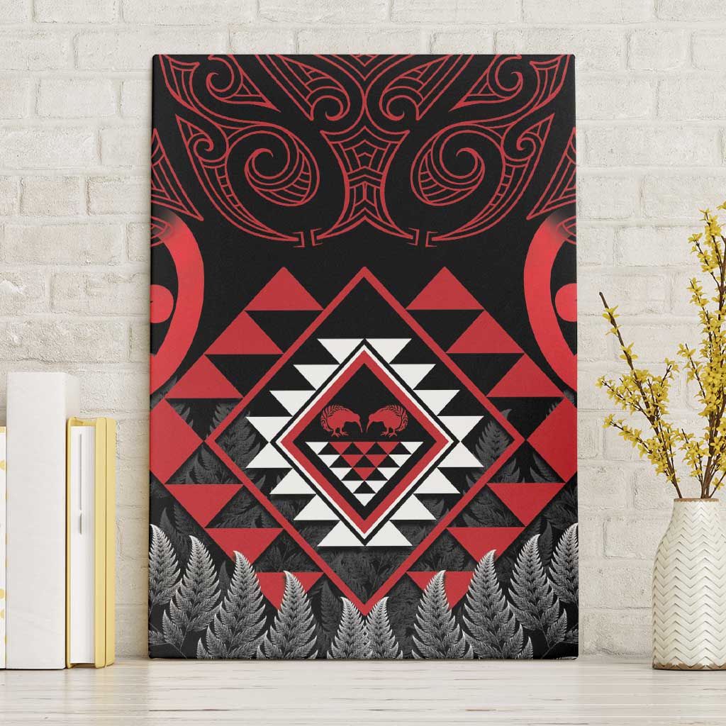 Aotearoa Kiwi Taniko Canvas Wall Art Silver Fern With Maori Koru Pattern LT14 Without Frame Red - Polynesian Pride