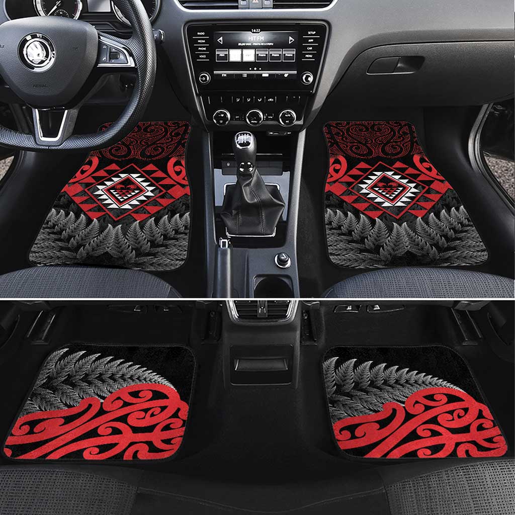 Aotearoa Kiwi Taniko Car Mats Silver Fern With Maori Koru Pattern LT14 Set 4pcs Red - Polynesian Pride