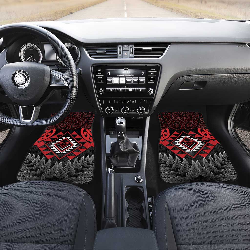 Aotearoa Kiwi Taniko Car Mats Silver Fern With Maori Koru Pattern LT14 Set 2pcs - Front Red - Polynesian Pride