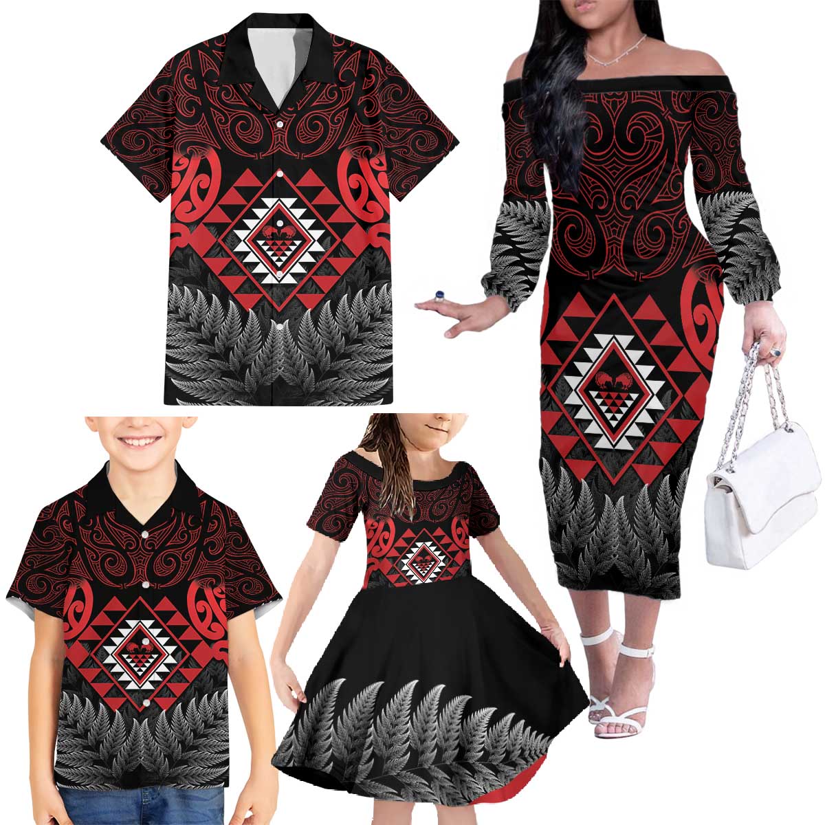 Aotearoa Kiwi Taniko Family Matching Off The Shoulder Long Sleeve Dress and Hawaiian Shirt Silver Fern With Maori Koru Pattern