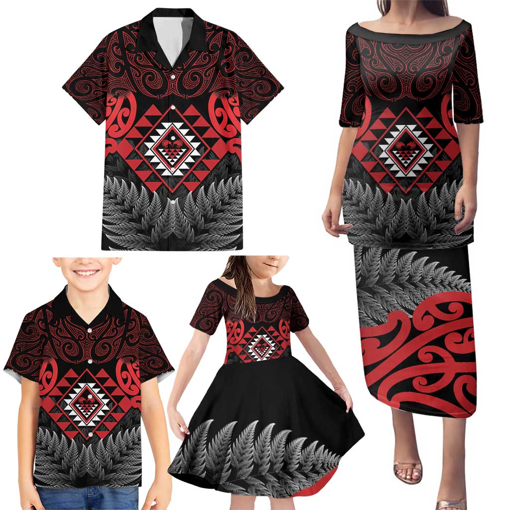 Aotearoa Kiwi Taniko Family Matching Puletasi and Hawaiian Shirt Silver Fern With Maori Koru Pattern