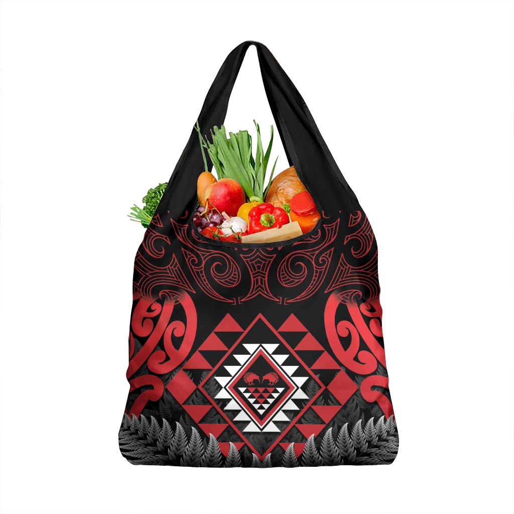 Aotearoa Kiwi Taniko Grocery Bag Silver Fern With Maori Koru Pattern LT14 1-pack One Size Red - Polynesian Pride