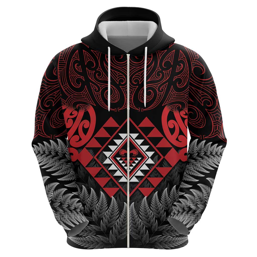 Aotearoa Kiwi Taniko Hoodie Silver Fern With Maori Koru Pattern