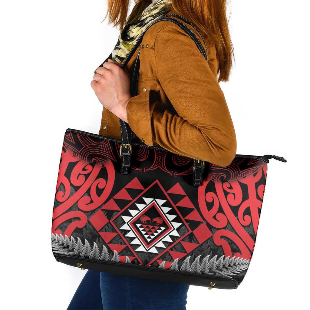 Aotearoa Kiwi Taniko Leather Tote Bag Silver Fern With Maori Koru Pattern LT14 Red - Polynesian Pride