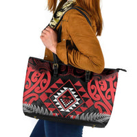 Aotearoa Kiwi Taniko Leather Tote Bag Silver Fern With Maori Koru Pattern LT14 Red - Polynesian Pride