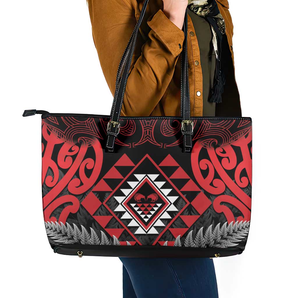 Aotearoa Kiwi Taniko Leather Tote Bag Silver Fern With Maori Koru Pattern LT14 - Polynesian Pride