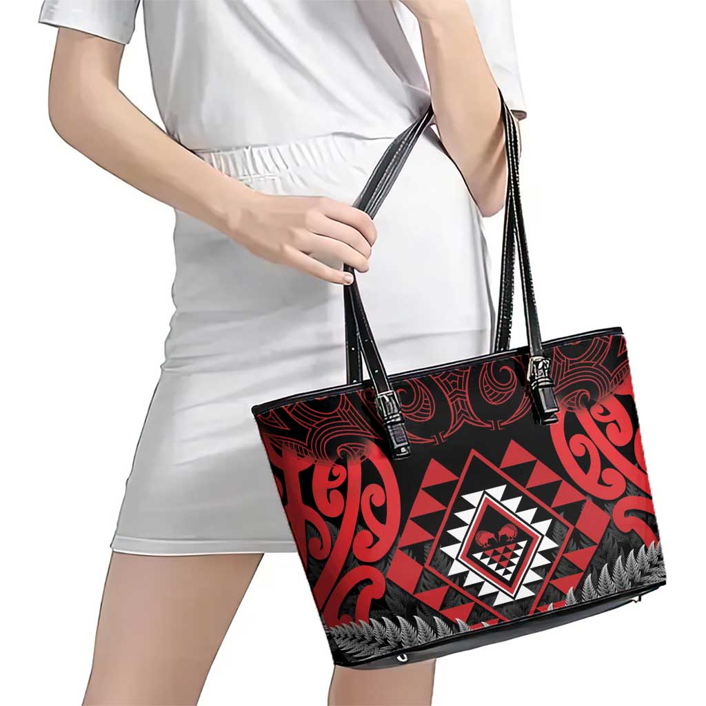 Aotearoa Kiwi Taniko Leather Tote Bag Silver Fern With Maori Koru Pattern LT14 - Polynesian Pride