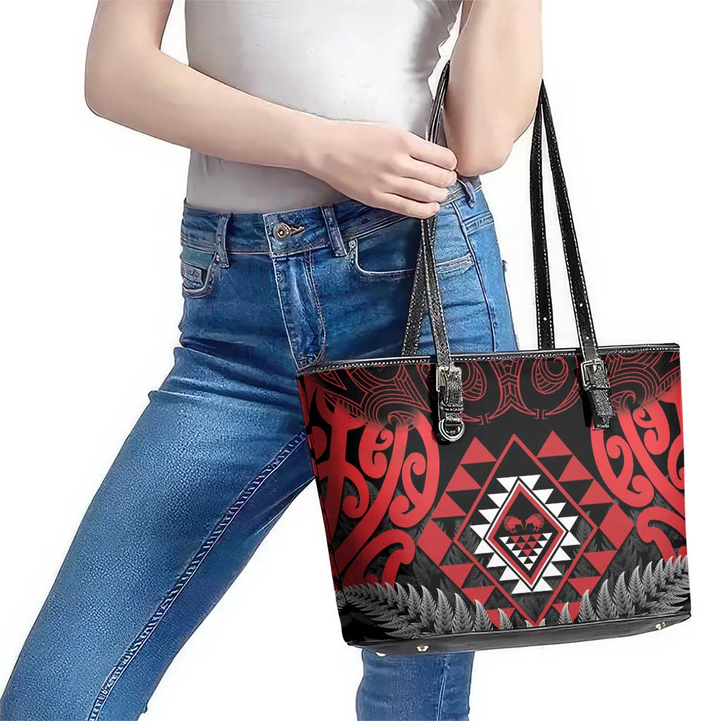 Aotearoa Kiwi Taniko Leather Tote Bag Silver Fern With Maori Koru Pattern LT14 - Polynesian Pride