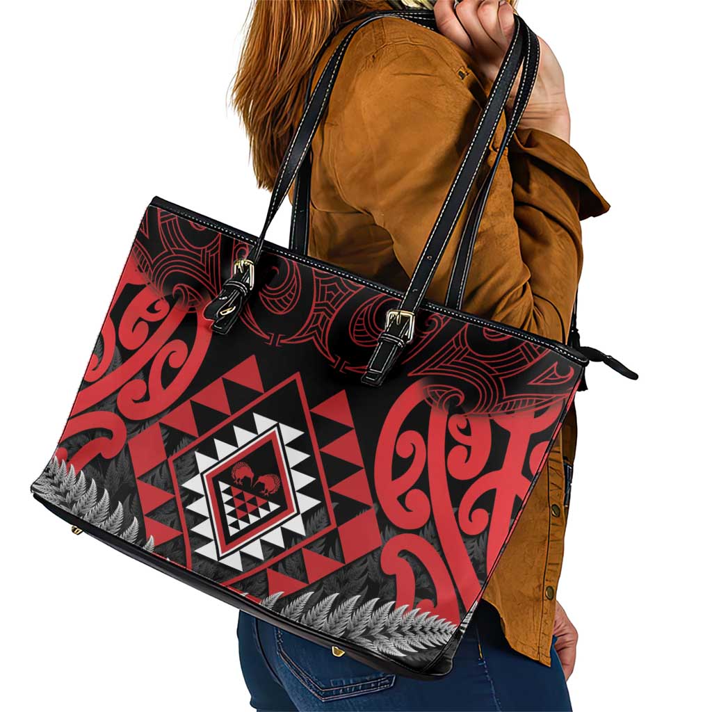 Aotearoa Kiwi Taniko Leather Tote Bag Silver Fern With Maori Koru Pattern LT14 - Polynesian Pride