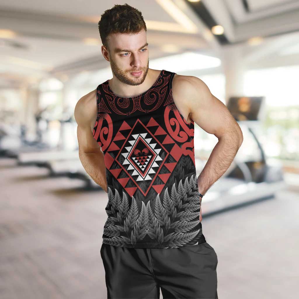 Aotearoa Kiwi Taniko Men Tank Top Silver Fern With Maori Koru Pattern LT14 Red - Polynesian Pride