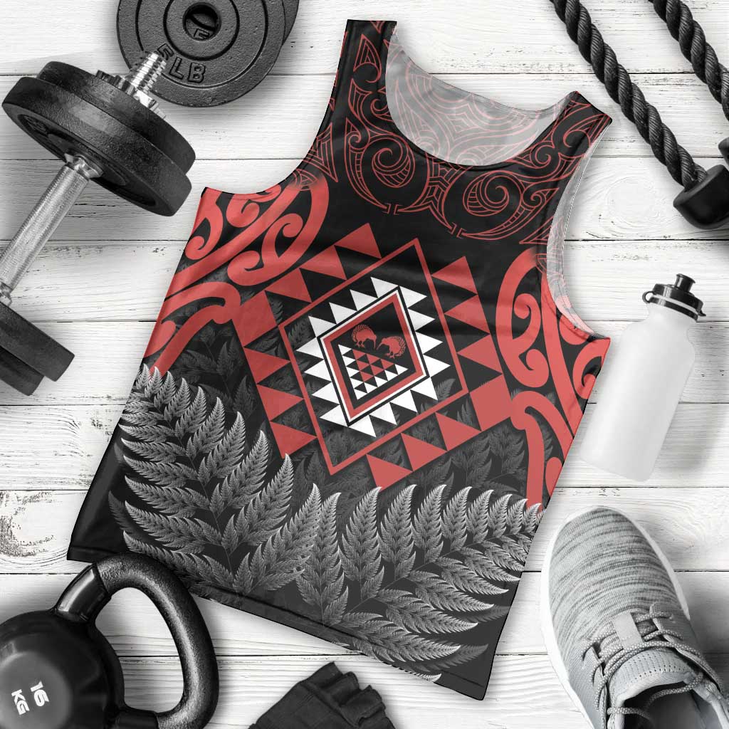 Aotearoa Kiwi Taniko Men Tank Top Silver Fern With Maori Koru Pattern LT14 - Polynesian Pride