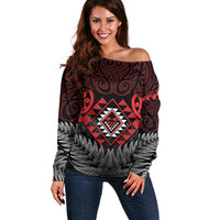 Aotearoa Kiwi Taniko Off Shoulder Sweater Silver Fern With Maori Koru Pattern