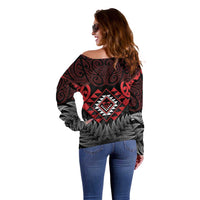 Aotearoa Kiwi Taniko Off Shoulder Sweater Silver Fern With Maori Koru Pattern