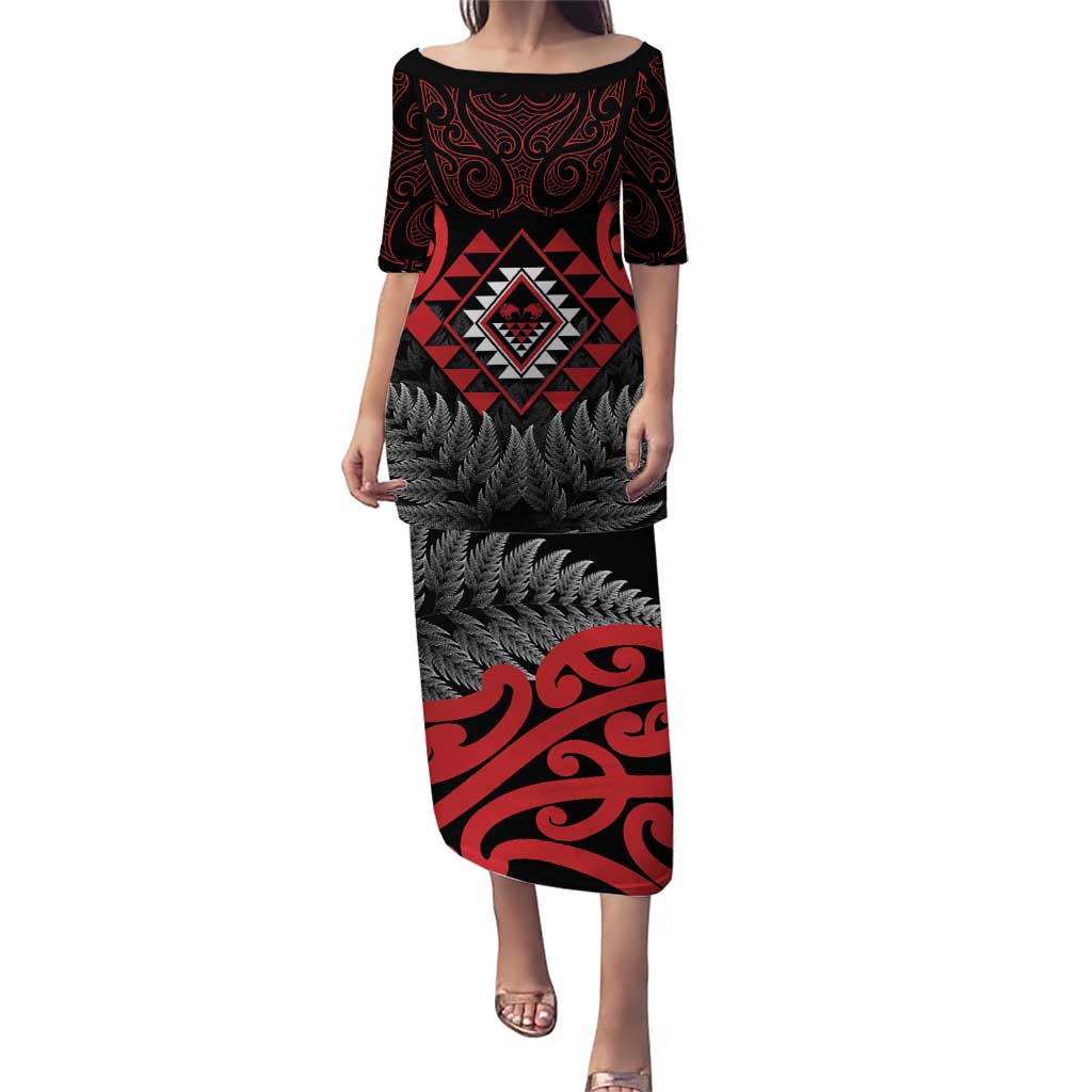 Aotearoa Kiwi Taniko Puletasi Silver Fern With Maori Koru Pattern LT14 Long Dress Red - Polynesian Pride