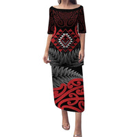 Aotearoa Kiwi Taniko Puletasi Silver Fern With Maori Koru Pattern LT14 Long Dress Red - Polynesian Pride