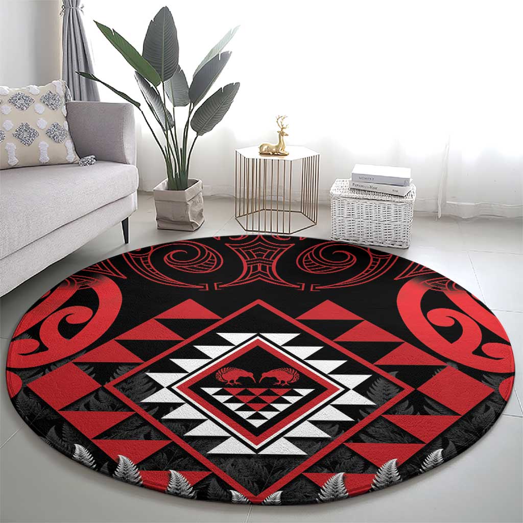 Aotearoa Kiwi Taniko Round Carpet Silver Fern With Maori Koru Pattern