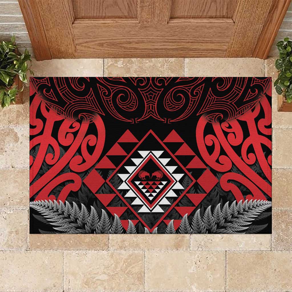 Aotearoa Kiwi Taniko Rubber Doormat Silver Fern With Maori Koru Pattern LT14 Red - Polynesian Pride