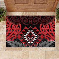 Aotearoa Kiwi Taniko Rubber Doormat Silver Fern With Maori Koru Pattern LT14 Red - Polynesian Pride