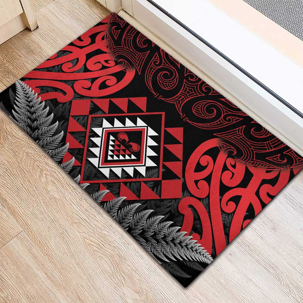 Aotearoa Kiwi Taniko Rubber Doormat Silver Fern With Maori Koru Pattern LT14 - Polynesian Pride