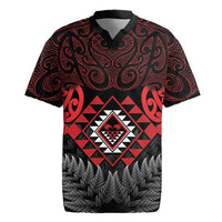 Aotearoa Kiwi Taniko Rugby Jersey Silver Fern With Maori Koru Pattern LT14 Red - Polynesian Pride