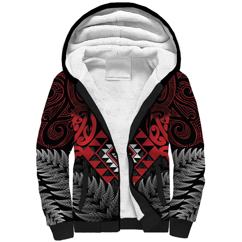 Aotearoa Kiwi Taniko Sherpa Hoodie Silver Fern With Maori Koru Pattern LT14 Unisex Red - Polynesian Pride
