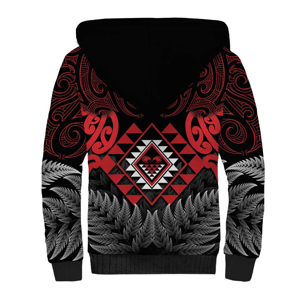 Aotearoa Kiwi Taniko Sherpa Hoodie Silver Fern With Maori Koru Pattern LT14 - Polynesian Pride