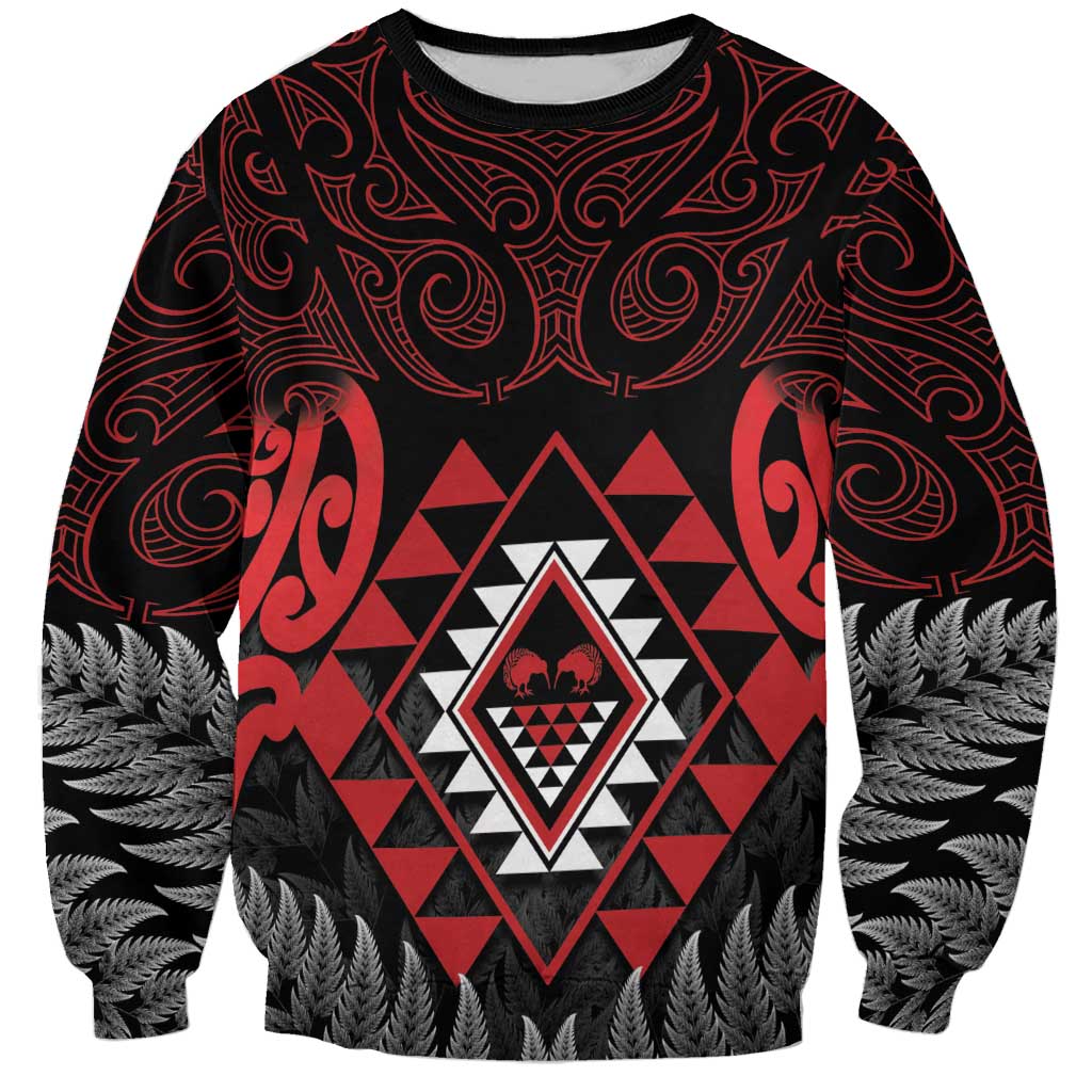 Aotearoa Kiwi Taniko Sweatshirt Silver Fern With Maori Koru Pattern LT14 Unisex Red - Polynesian Pride