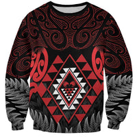 Aotearoa Kiwi Taniko Sweatshirt Silver Fern With Maori Koru Pattern LT14 Unisex Red - Polynesian Pride