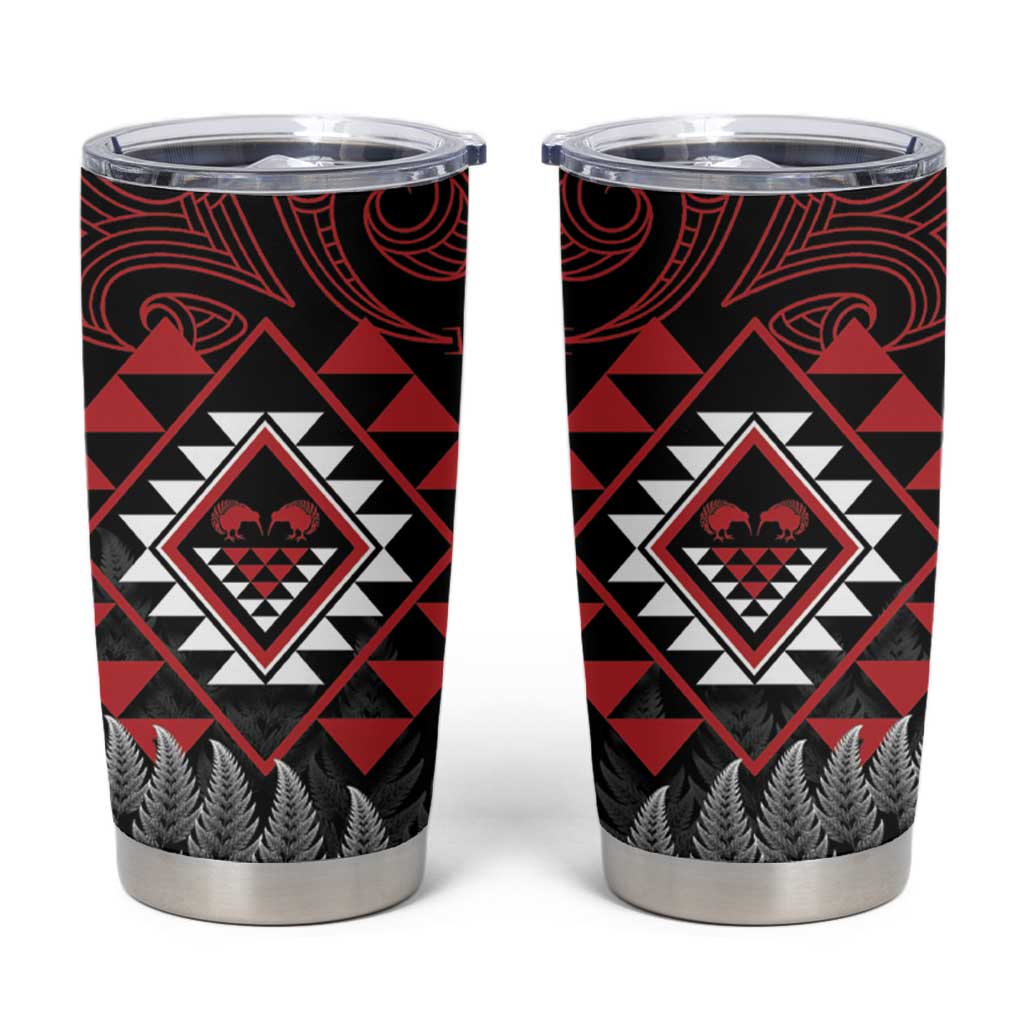 Aotearoa Kiwi Taniko Tumbler Cup Silver Fern With Maori Koru Pattern LT14 Red - Polynesian Pride