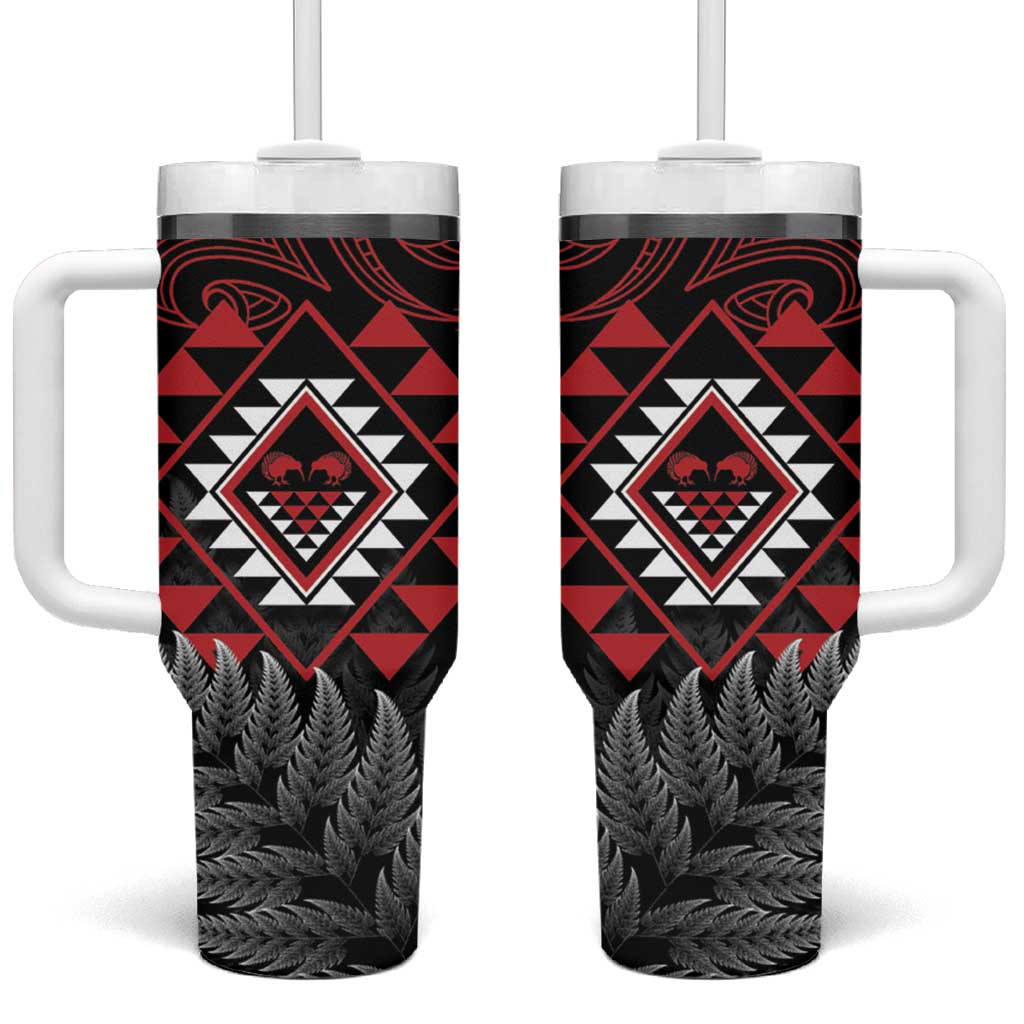 Aotearoa Kiwi Taniko Tumbler With Handle Silver Fern With Maori Koru Pattern LT14 One Size: 40 oz Red - Polynesian Pride