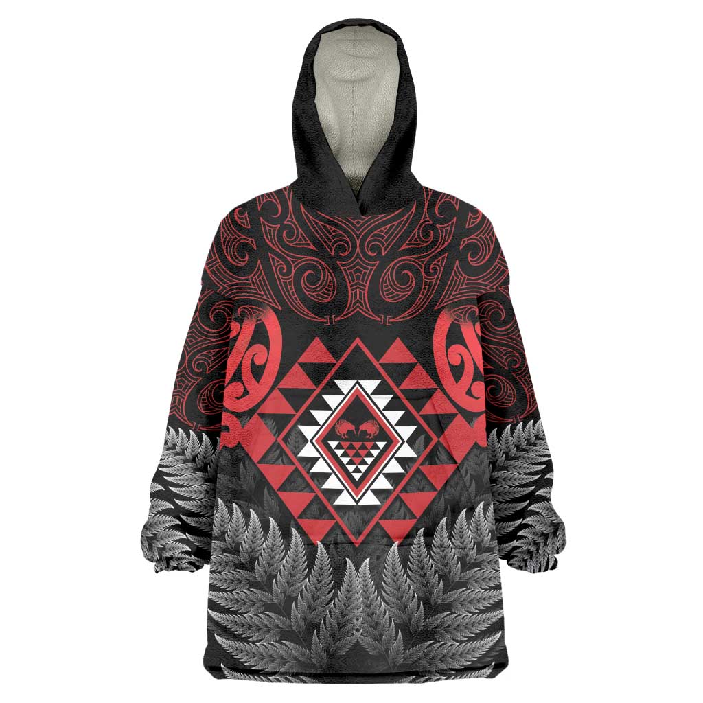Aotearoa Kiwi Taniko Wearable Blanket Hoodie Silver Fern With Maori Koru Pattern LT14 One Size Red - Polynesian Pride