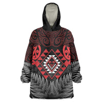 Aotearoa Kiwi Taniko Wearable Blanket Hoodie Silver Fern With Maori Koru Pattern LT14 One Size Red - Polynesian Pride