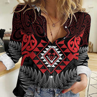 Aotearoa Kiwi Taniko Women Casual Shirt Silver Fern With Maori Koru Pattern