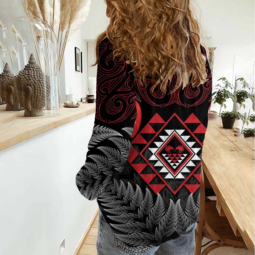 Aotearoa Kiwi Taniko Women Casual Shirt Silver Fern With Maori Koru Pattern