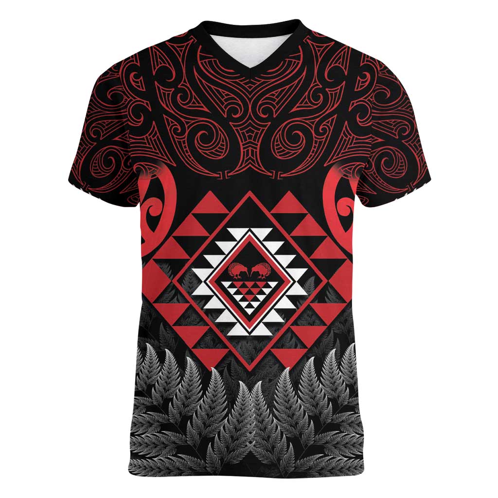 Aotearoa Kiwi Taniko Women V-Neck T-Shirt Silver Fern With Maori Koru Pattern LT14 Female Red - Polynesian Pride