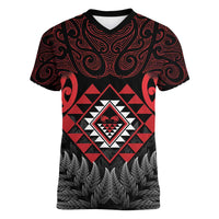 Aotearoa Kiwi Taniko Women V-Neck T-Shirt Silver Fern With Maori Koru Pattern LT14 Female Red - Polynesian Pride