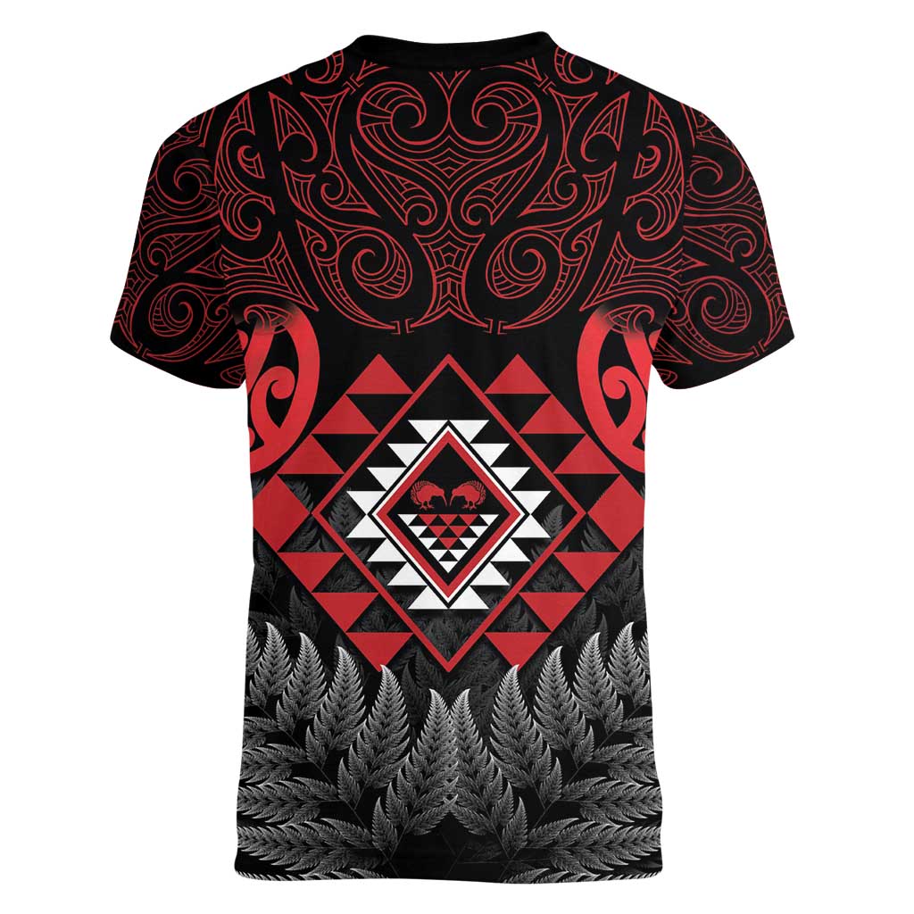 Aotearoa Kiwi Taniko Women V-Neck T-Shirt Silver Fern With Maori Koru Pattern LT14 - Polynesian Pride
