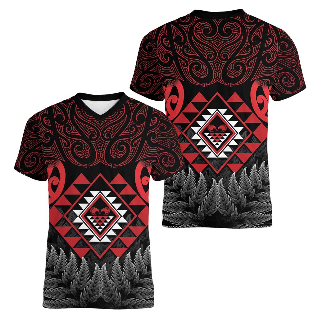 Aotearoa Kiwi Taniko Women V-Neck T-Shirt Silver Fern With Maori Koru Pattern LT14 - Polynesian Pride
