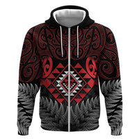 Aotearoa Kiwi Taniko Zip Hoodie Silver Fern With Maori Koru Pattern