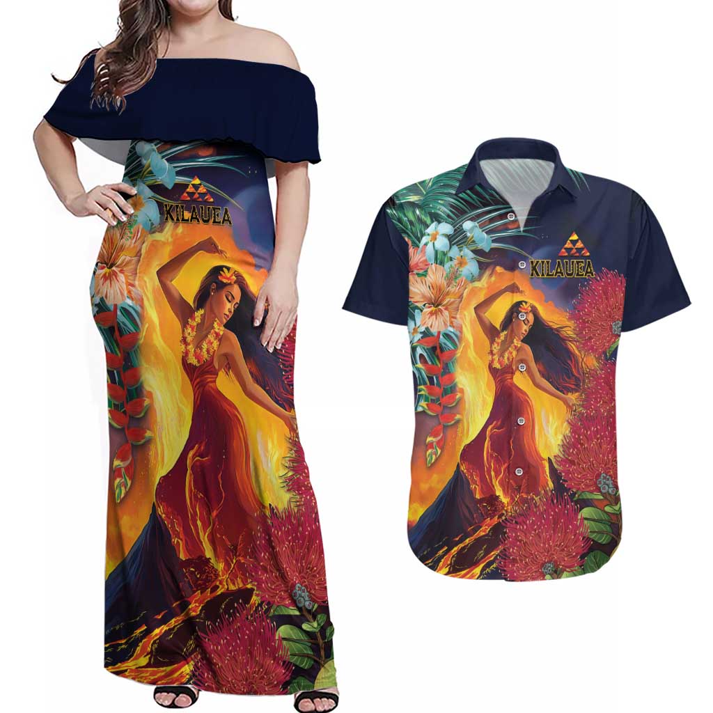 Hawaii Kilauea Big Islands Couples Matching Off Shoulder Maxi Dress and Hawaiian Shirt Pele Goddess With Tropical Flowers