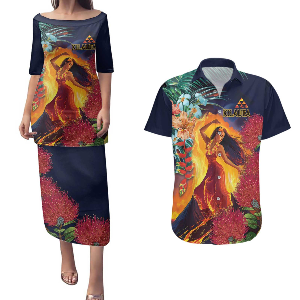 Hawaii Kilauea Big Islands Couples Matching Puletasi and Hawaiian Shirt Pele Goddess With Tropical Flowers