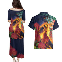 Hawaii Kilauea Big Islands Couples Matching Puletasi and Hawaiian Shirt Pele Goddess With Tropical Flowers