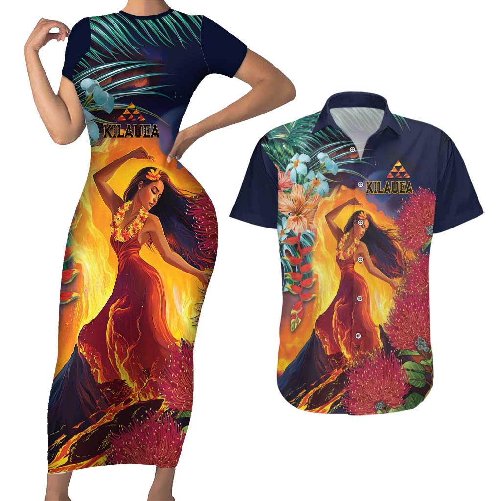 Hawaii Kilauea Big Islands Couples Matching Short Sleeve Bodycon Dress and Hawaiian Shirt Pele Goddess With Tropical Flowers