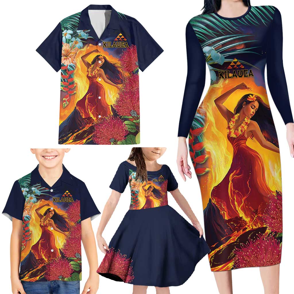 Hawaii Kilauea Big Islands Family Matching Long Sleeve Bodycon Dress and Hawaiian Shirt Pele Goddess With Tropical Flowers