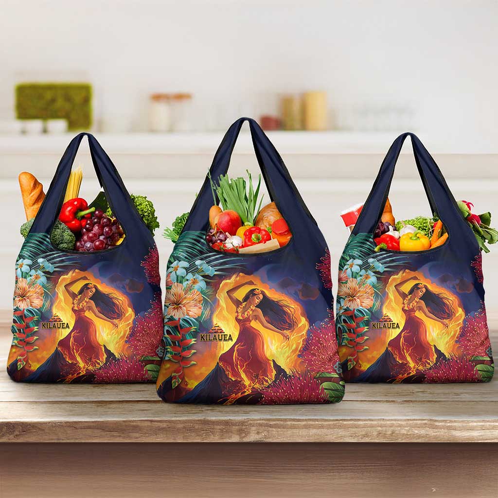 Hawaii Kilauea Big Islands Grocery Bag Pele Goddess With Tropical Flowers LT14 3-pack One Size Art - Polynesian Pride