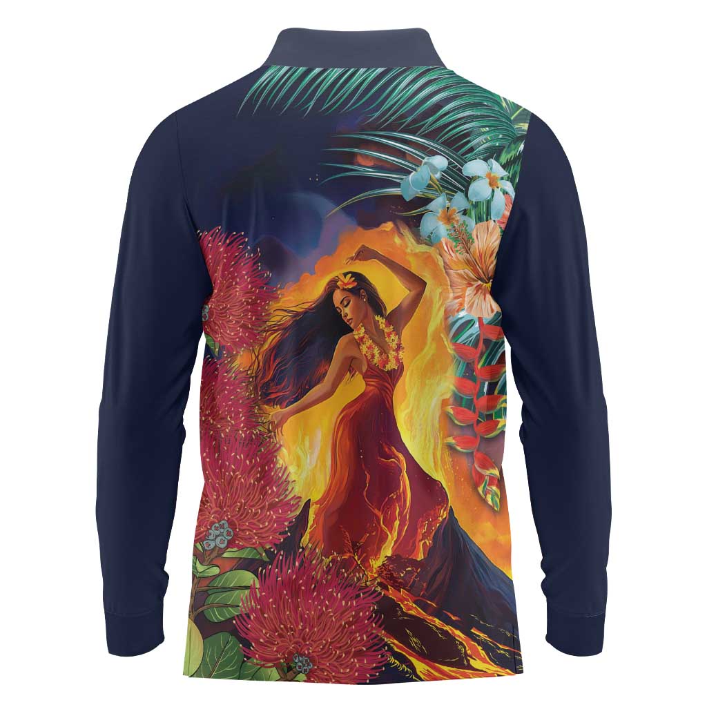 Hawaii Kilauea Big Islands Long Sleeve Polo Shirt Pele Goddess With Tropical Flowers